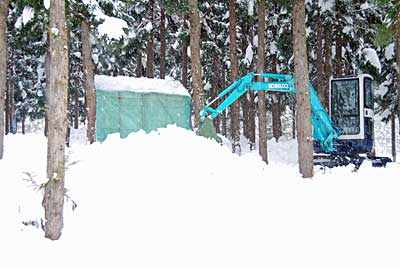 ユンボ小屋の脇の雪を除雪方々、雪室に入れました。