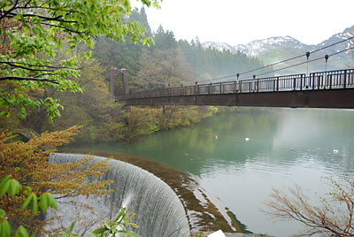 堰堤からの滝も水量が多くて豪快です。
