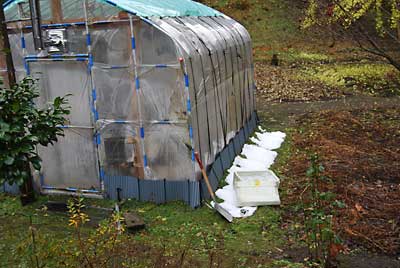 ビニールハウスの屋根の雪が落ちて積もっていました。